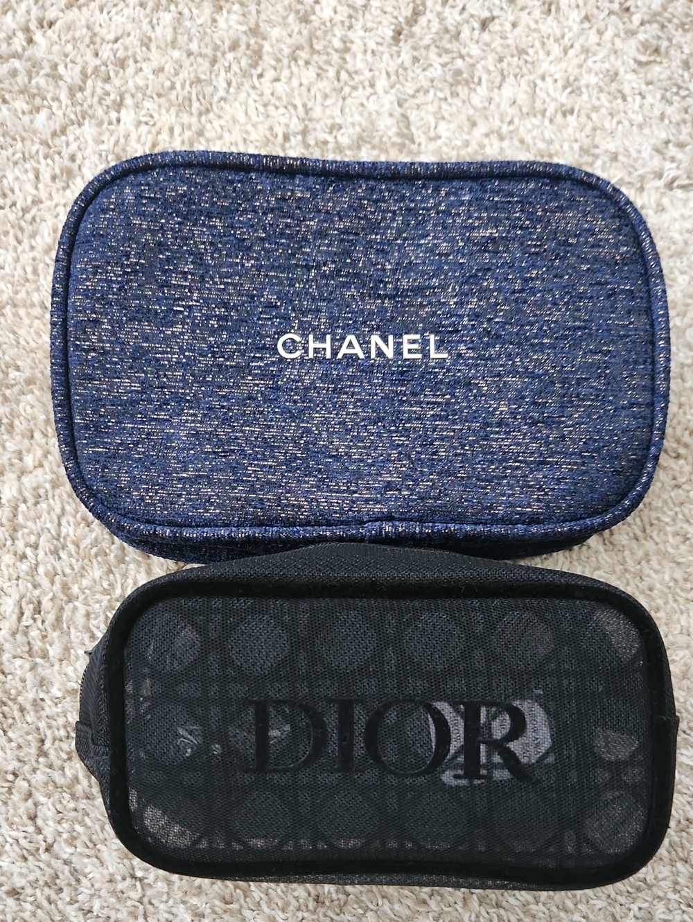 CHANEL Navy Glitter Zip Cosmetic Case with White Logo